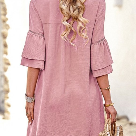 Notched Neck Flare Sleeve Pocket Dress - Picture 4 of 11